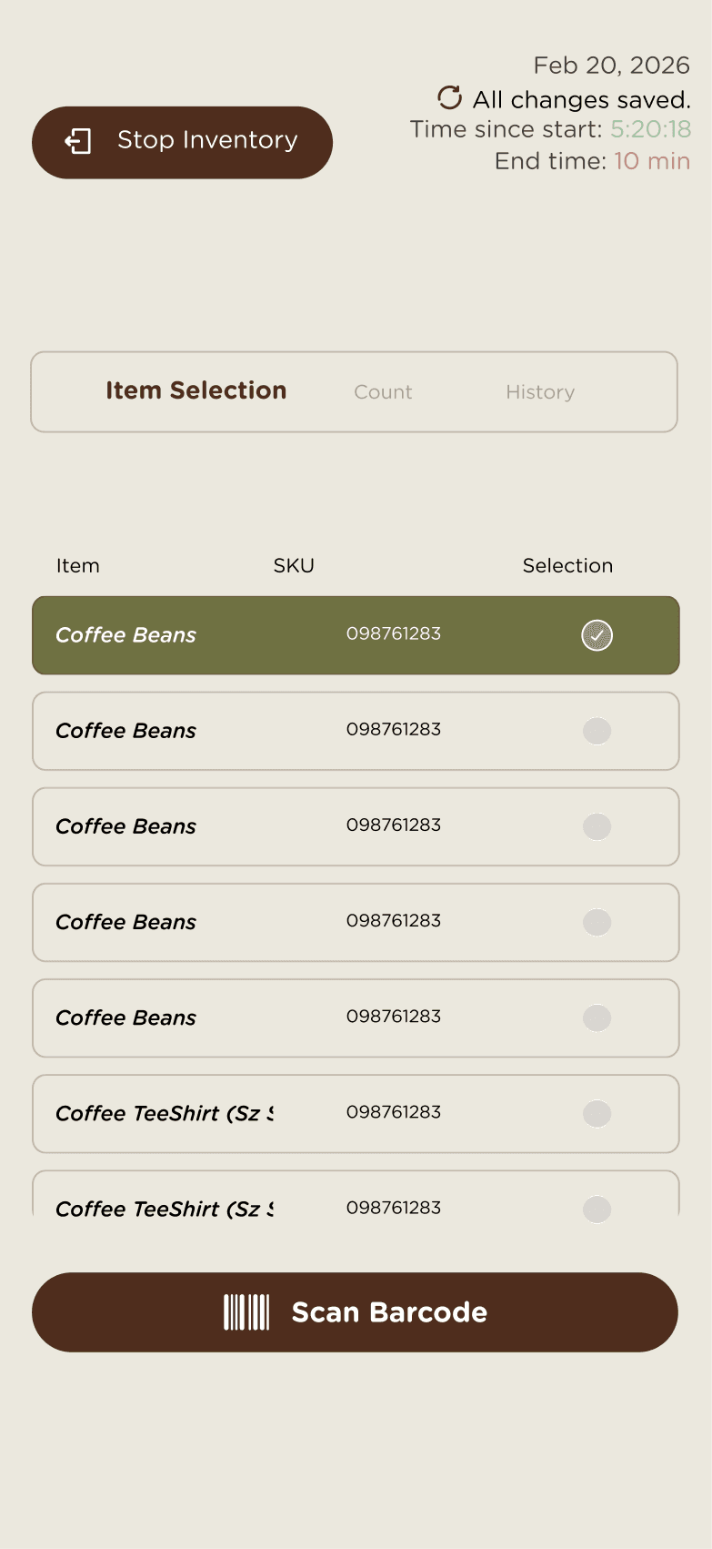 Select Items screen