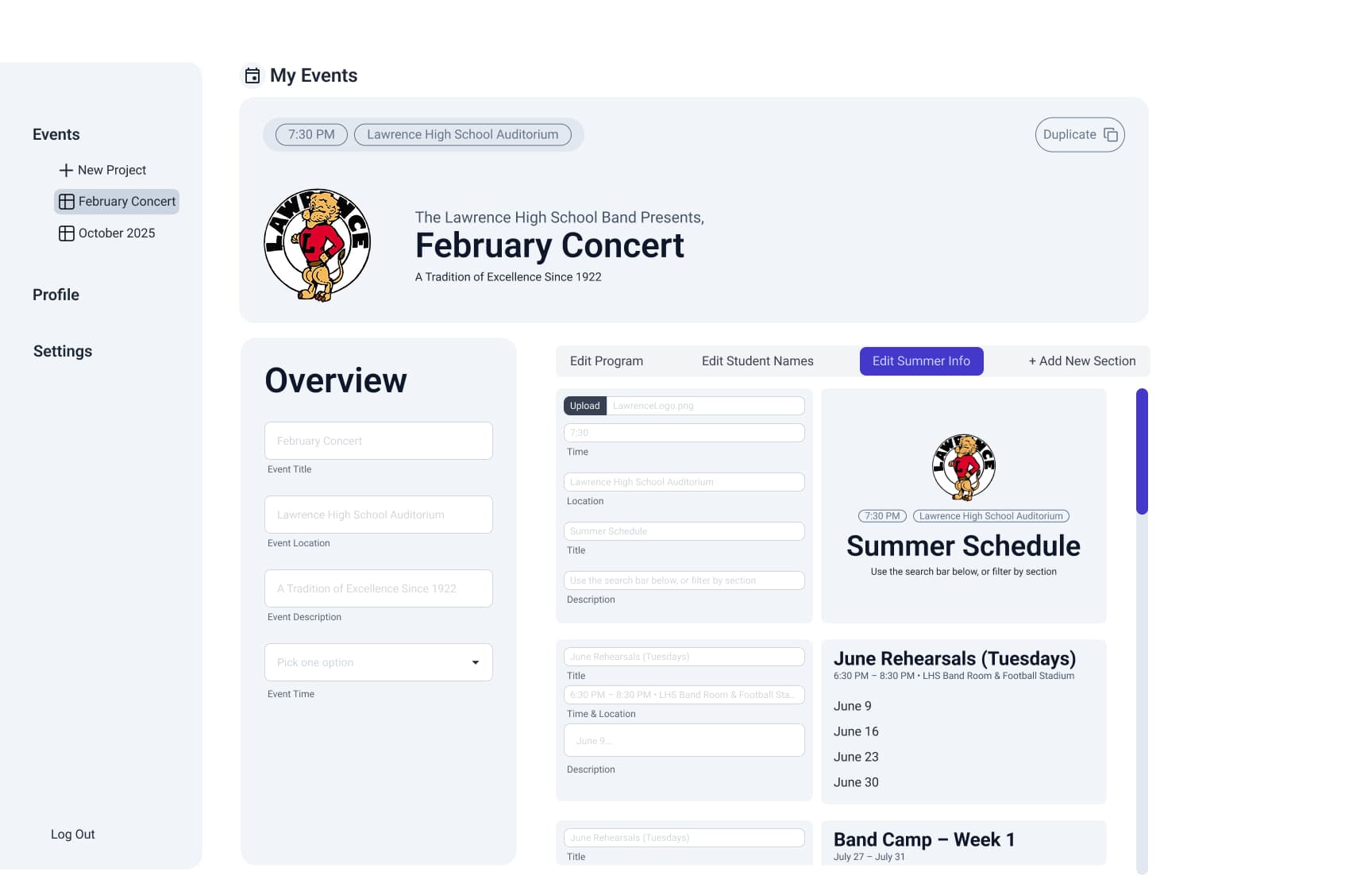 Edit Summer Info desktop wireframe