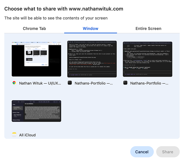 Screen share picker showing Window tab selected